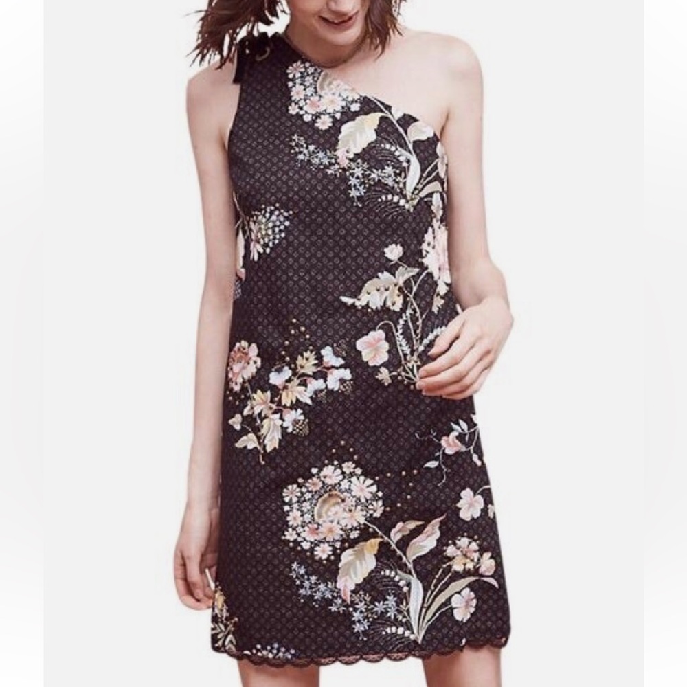 ANTHROPOLOGIE Maeve Ashbury Black Floral Embellished One Shoulder mini Dress